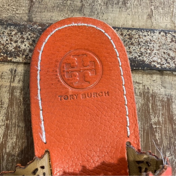 Tory Burch Roselle Thong Sandals Red Orange Colored Perforated Leather Size 8 - Picture 11 of 16